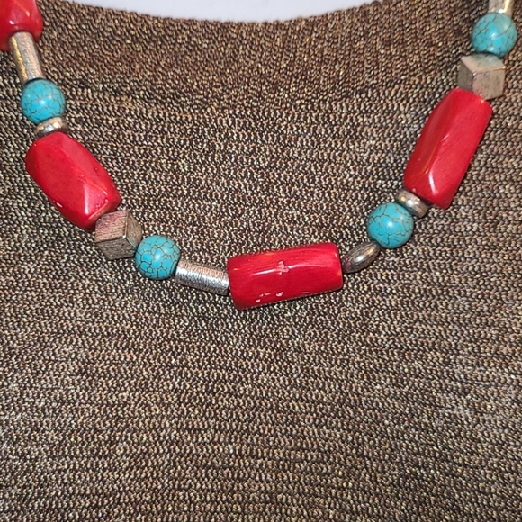 Faux Coral, Turquoise & Silvertone & Bead Necklace - Picture 2 of 9